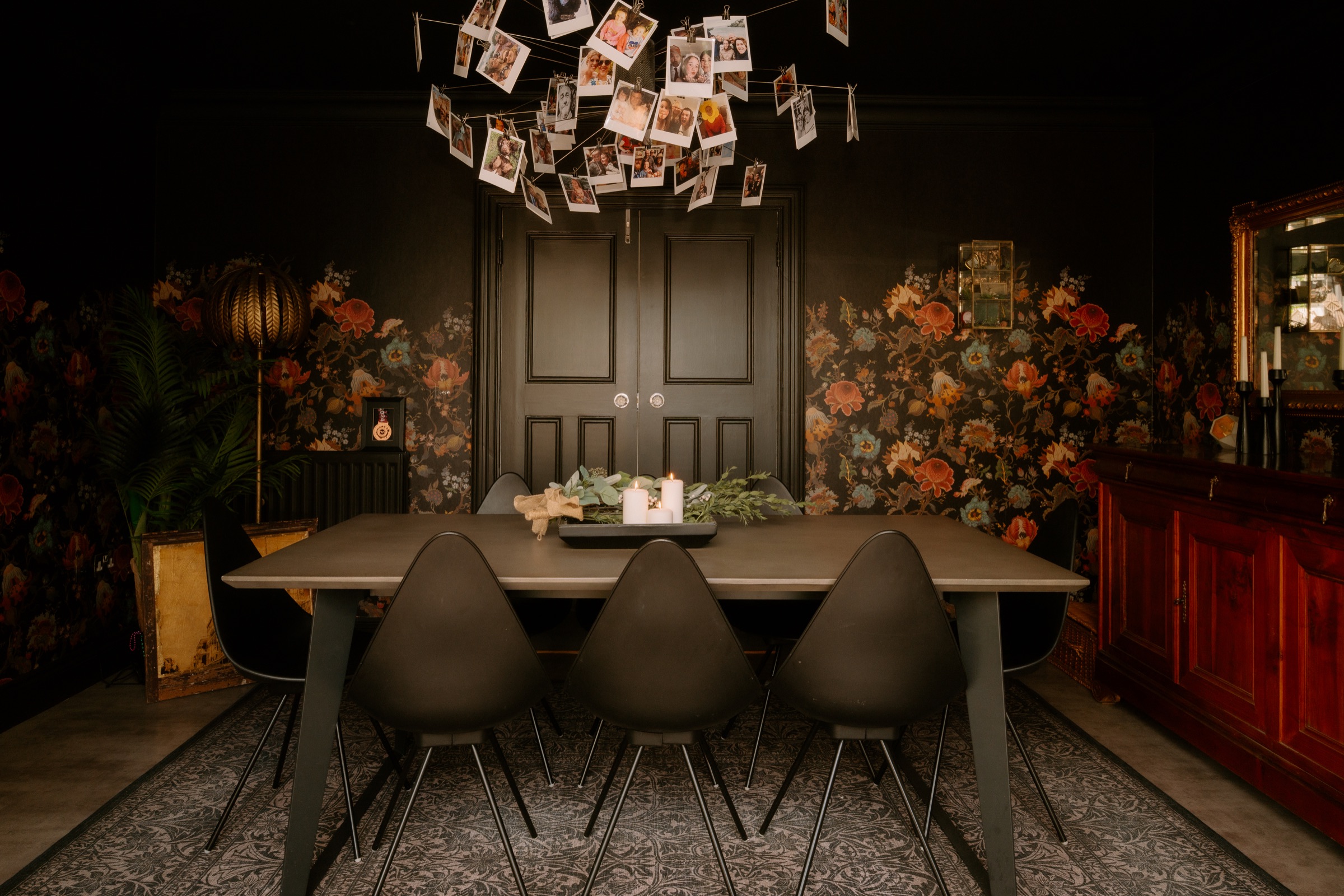 Wide view of the floral dining room