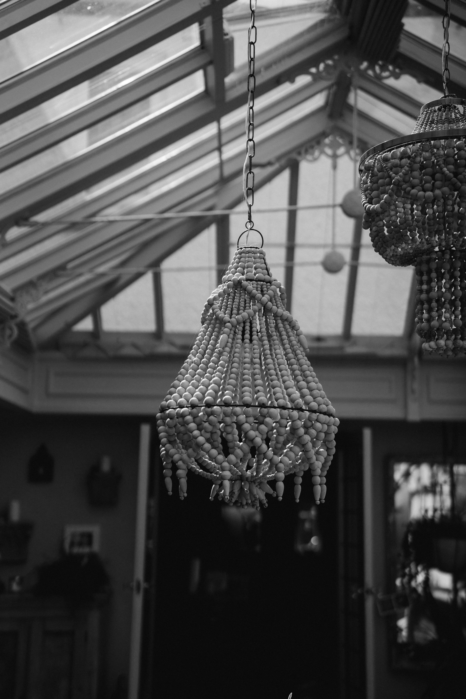 Beaded lighting beneath the glazed orangery roof